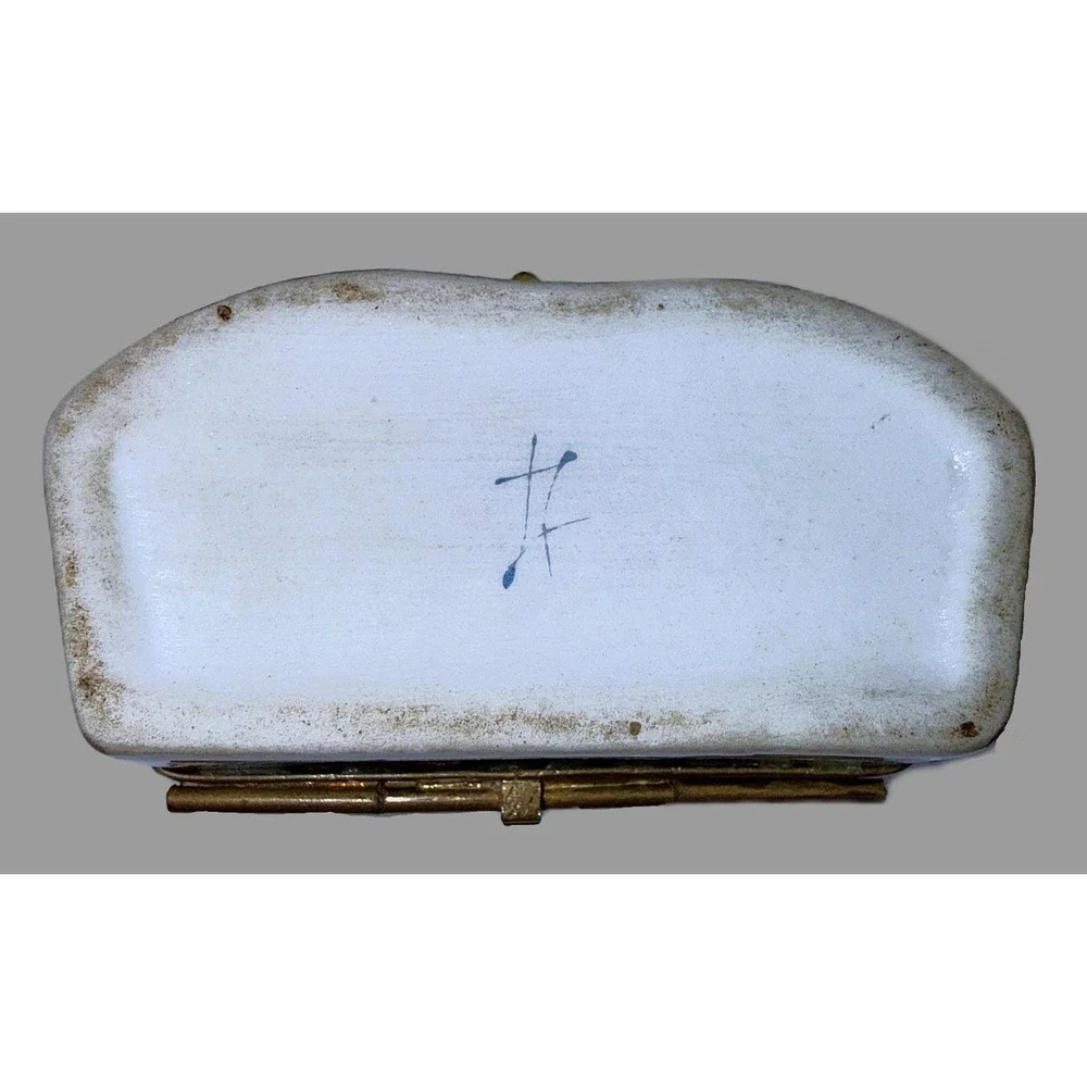 Antique Sevres Style Porcelain Kidney Trinket Box Hand Painted Musical Trophy